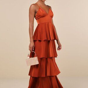 Lulus Going With Elegance Rust Brown Satin Tiered Gown - Size M